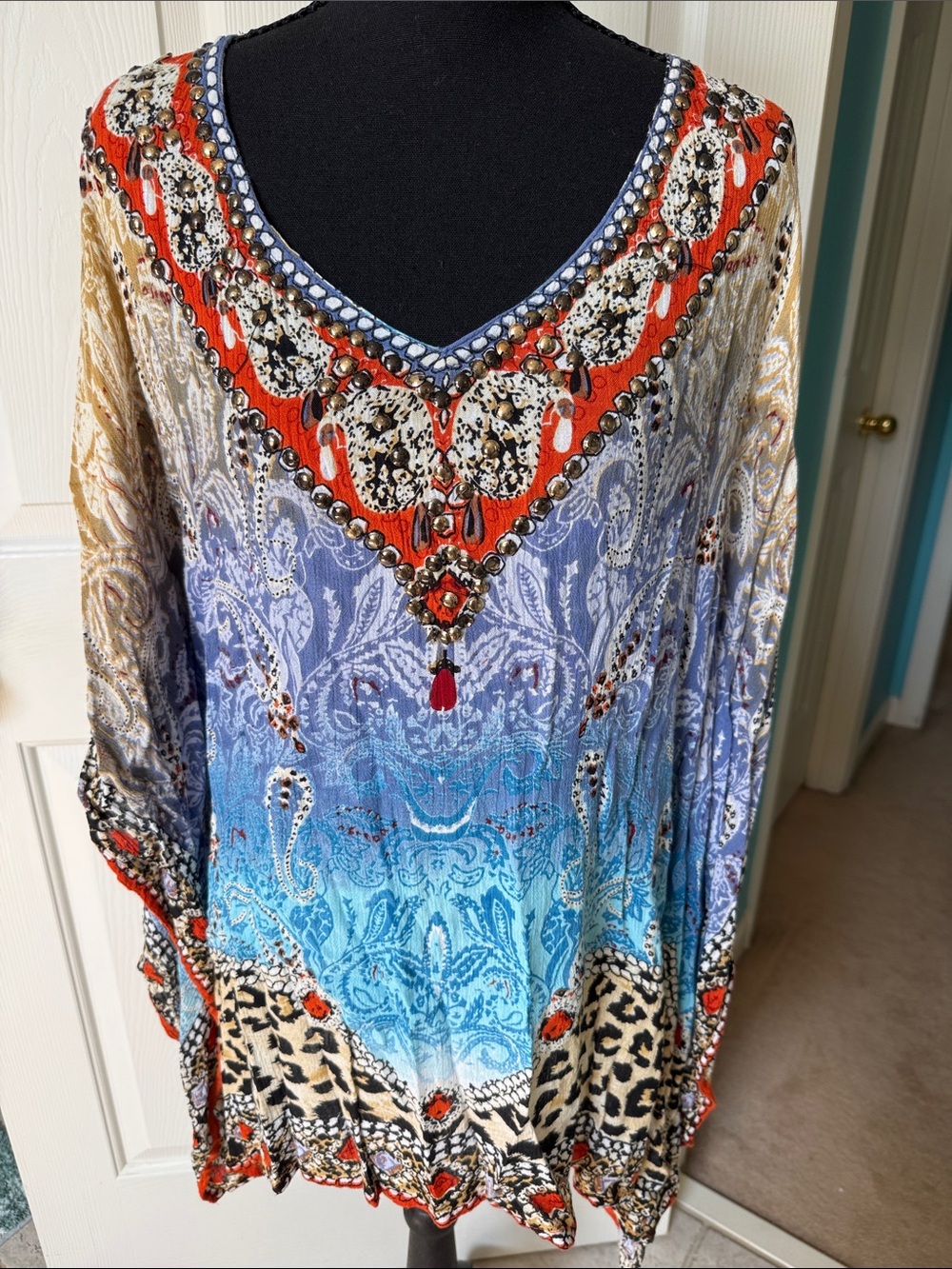 Aqua Blu Multicolor V-Neck Embellished Boho Tunic — Blue, Red, Cream, Black